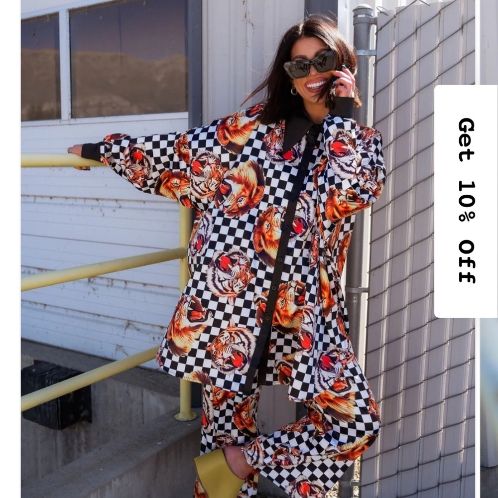 Dressed in LALA Posh Satin Playsuit in Lions, Tigers, check, Oh My